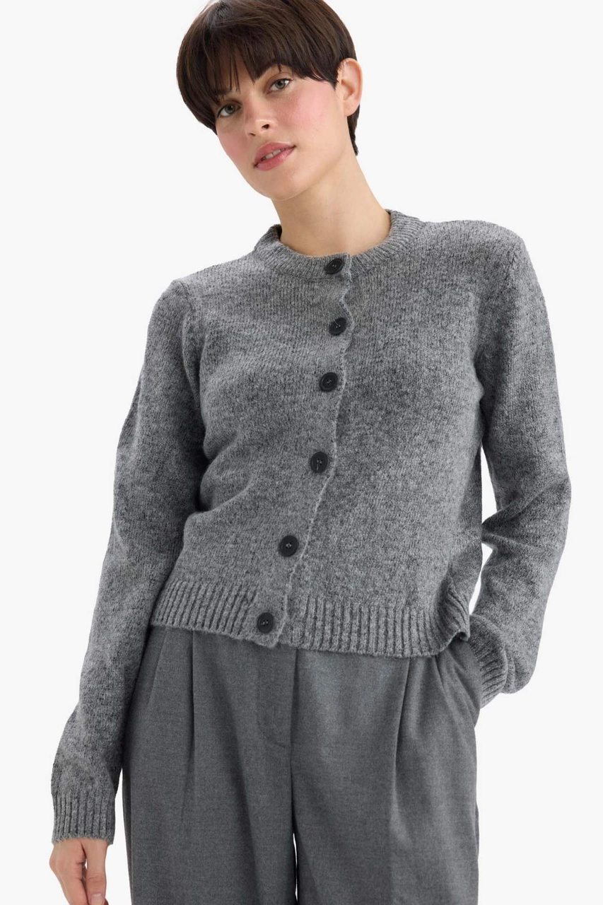 Defacto Regular Fit Bisiklet Yaka Basic Düz Düğmeli Soft Touch Yumuşak Triko Hırka E3654ax25wngr452 Gri-gr452