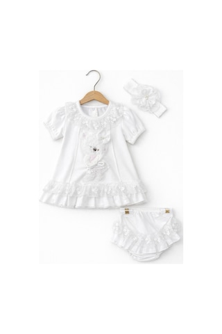 Kardeşler Bebe Dantelli Ayıcıklı Kız Bebek Elbise Takım Saç Bantlı 3 Lü Set Beyaz