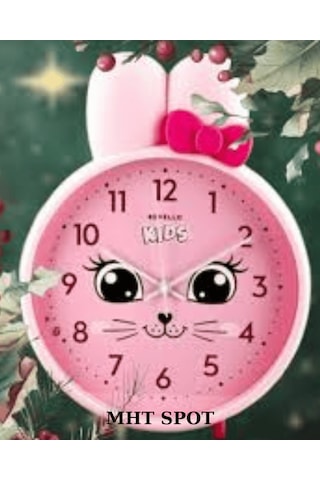 Gülen Kedi Figürlü Pembe Çocuk Duvar Saati Pembe