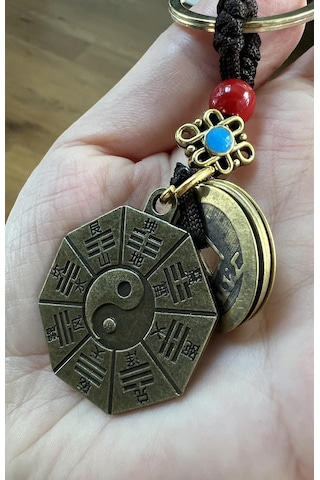 Feng Shui Bagua Aynalı Ve Çin Şans Paraları Figürlü Anahtarlık