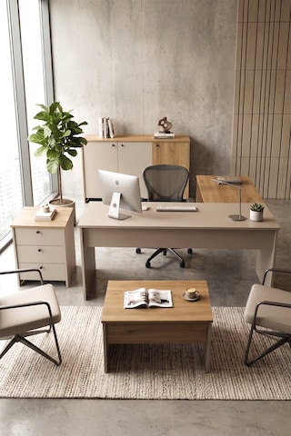 Robin Home Opus Yönetici Ofis Takımı Makam Takımı Çalışma Masası Sehpa Keson Klasör Dolabı 4 Parça Sepet-kumsal Kahverengi