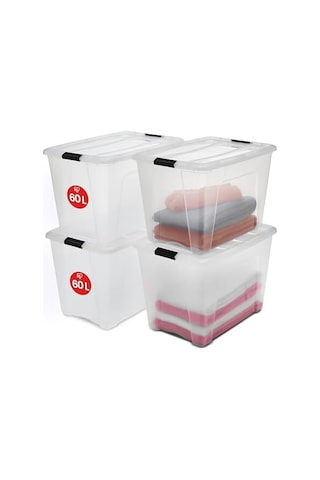 Iris Ohyama Kapaklı Saklama Kutuları, 60l, 4'lü Set, Şeffaf, Güvenli Tokalar, İstiflenebilir, Çekme Kulpları, Ya Çok Renkli
