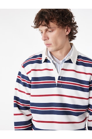 Koton Uzun Kollu Üç İplik Şardonlu Çizgili Düğmeli Polo Yaka Sweatshirt Kırmızı Çizgili 6sam70074mk