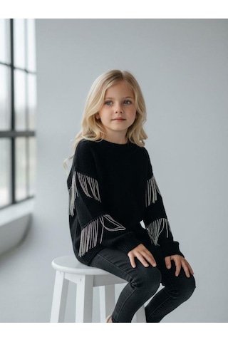 Kız Çocuk Yüzde Yüz Pamuklu İki İplik Zincir Detaylı Sweatshirt-16698 Siyah