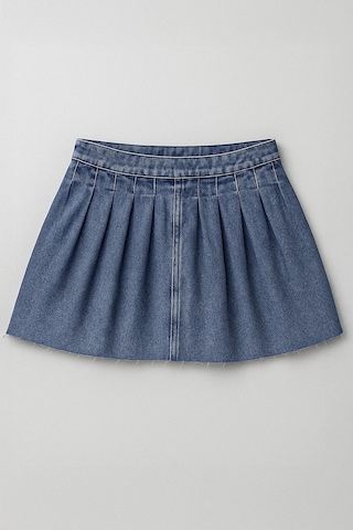 Kadın Şık Pileli Yazlık Mini Jean Etek Mavi