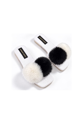 Dabab Shoes Pomella Kadın Beyaz Çift Ponponlu Peluş Bantlı Kaymaz Tabanlı Önü Açık Ev Terliği