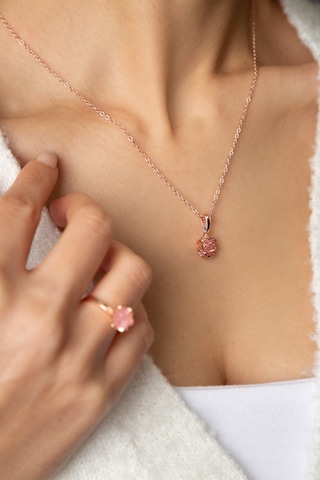 Kadın Rose Altın Kaplama Pembe Taşlı Lotus Çiçeği Kolye Yüzük  Set Rose Gold