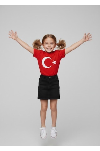 Nacar Store Kız Çocuk Ayyıldız Bayrak Baskılı T-shirt Ve Keten Etek Takım 23 Nisan-özel Bayramlar Kırmızı-siyah