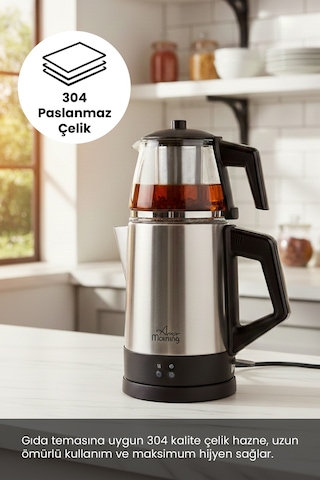 Any Morning OZ26CM05 1.8 L Cam Demlikli Paslanmaz Çelik Çay Makinesi