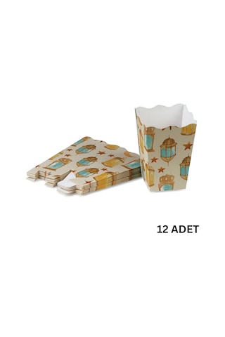 12li Ramazan Temalı Patlamış Mısır, Şeker Kutusu, Hediye Popcorn, İkram Kutusu, 6x6x11 Cm, Krem Renk Krem