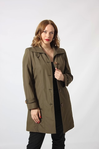 1671 Kolu Düğme Detaylı Uzun Kapişonlu Haki Büyük Beden Kadın Ceket Haki