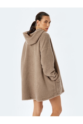 Koton Uzun Kollu Oversize Kapüşonlu Peluş Sabahlık Vizon 5wlk70020mk Vizon