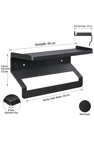 Metal Raflı Havluluk 40 Cm Duvar Tipi Havlu Askısı Siyah
