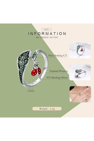 Bamoer 925 Ayar Gümüş Dinlenme Uğur Böceği Ağaç Yapraklarında Dangle Parmak Yüzük