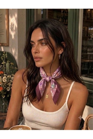 Trend Dokunuş Kadın 50-50 Saten Çiçek Bahçesi Fular Bandana Bordo - Pembe