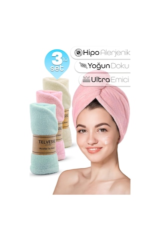 3lü Set Mikrofiber Saç Havlusu Plaj Deniz Havuz Bonesi Banyo Saç Kurutma Baş Havlusu Krm-pmb-trkuaz Pembe