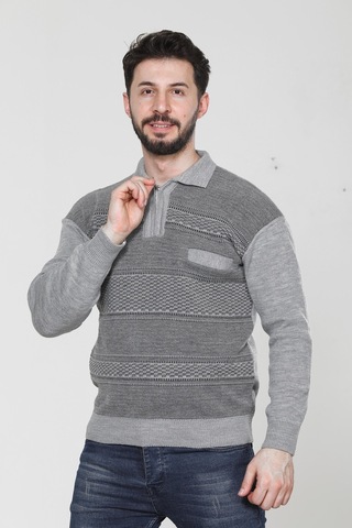 Kzc Tekstil Erkek Baba Orta Yaş Ve Üzeri Triko Örgü Akrilik Kışlık Regular Fit Cepli Fermuarlı Polo Yaka Kazak Açık Gri