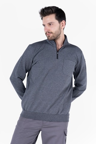 2 İplik Dik Yakalı Fermuarlı Sweatshirt Füme Melanj