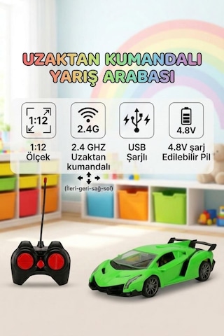 Uzaktan Kumandalı 1:12 Ölçekli 4 Fonksiyon Işıklı Usb Şarjlı 10-15km/h 2.4ghz Oyuncak Spor Araba Yeşil