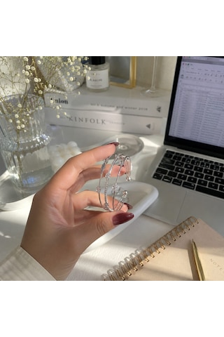 Luna Silver Taş Detaylı Çelik Kelepçe Bileklik Gümüş