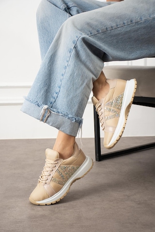 Shoetek Beatriz Kadın Sneakers Yandan Taşlı Bağcıklı Spor Ayakkabı Bej Bej