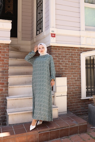 Çiçek Desenli Viskon Elbise - Yeşil / E0128 Yeşil