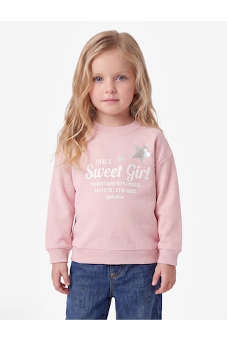 Koton Baskılı Uzun Kollu Bisiklet Yaka Şardonlu Sweatshirt Pembe 7wmg10102ak Gül