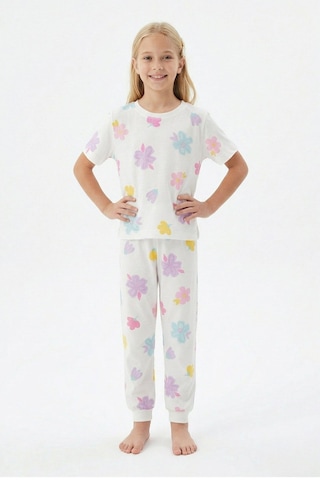 Zuzunga Pastel Renkli Çiçek Desenli Beyaz Kız Çocuk Pamuk Pijama Takımı