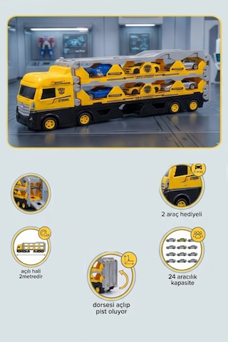 2 Metre Transformers Temalı 2 Metal Arabalı 24 Araç Kapasiteli Dev Taşıyıcı Yarış Pistli Oyuncak Tır