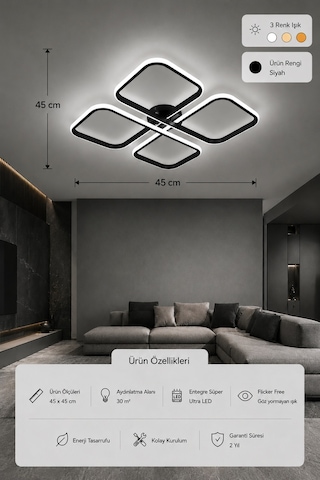 Nuvo Led Plafonyer Avize 3 Renk Kumandalı Siyah