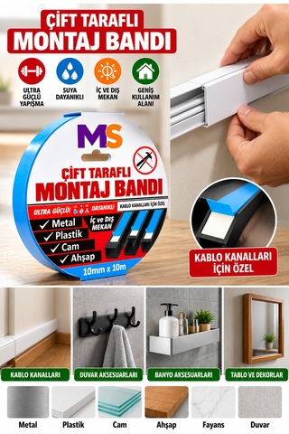 3 Adet Ultra Güçlü 10 Mm X 10 Mt Çift Taraflı Köpük Montaj Bandı Metal Plastik Cam Bantı Bantları
