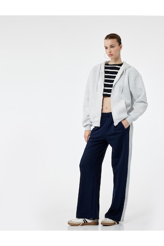 Koton Şardonlu Uzun Kollu Kapüşonlu Kanguru Cepli Oversize Fermuarlı Sweatshirt Kar Melanj 6wal10130ık Gri Melanj