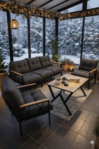 Ard & Garden Miray 311 Masalı Antrasit Fermuarlı Bahçe Balkon Takımı, Salon, Teras- Berjer Düğmeli Metal Çay Seti Antrasit