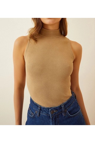 Barlashive Kadın Full Likralı Fitilli Kaşkorse Body - Camel Çok Renkli