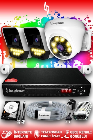 Bayicam 3 Kameralı Süper 1 İç Kamera Set 320 GB 5 MP 2K Renkli Gece Görüşlü Güvenlik Kamerası Sistemi