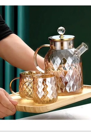 Jenerik Kabartmalı Bambu Kapaklı Borosilikat Cam Demlik 1500ml Royaleks-cm-2005 Çok Renkli