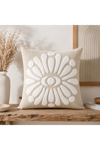 Flora 43x43 Cm Dekoratif Kırlent Kılıfı Kabartmalı Çiçek Desenli Modern Koltuk Yastık Kılıfı Bej