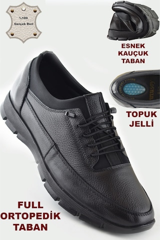 325a Tam Ortopedik Topuk Masajlı Taban Erkek Ayakkabı Hakiki Deri Mevsimlik Ayakkabı Siyah