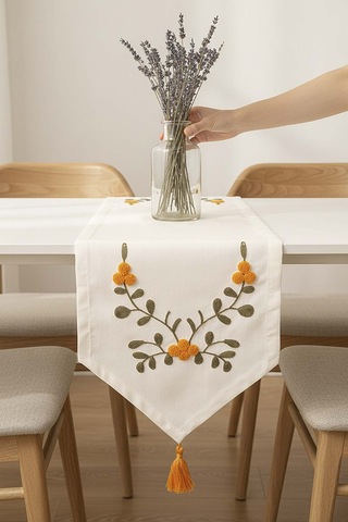 Sarı Çiçek Nakışlı Vintage Keten Runner 40x140 Cm Krem