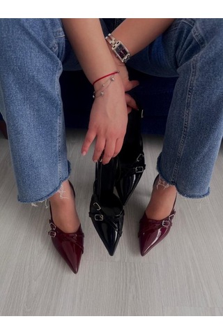 Kadın Çift Bantlı Toka Detaylı Rugan Topuklu Ayakkabı Milano 001
