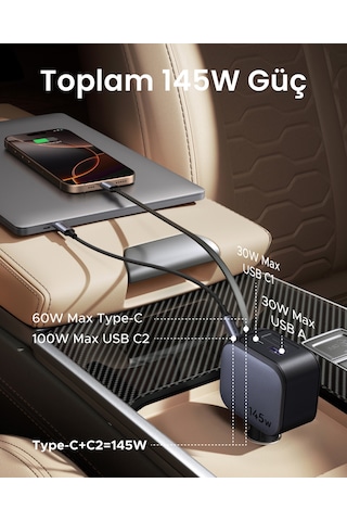 Ugreen 145w Usb-c Makaralı Dahili Kablolu Hızlı Araç Çakmaklık Şarj Cihazı, 2x Usb-c, 1x Usb-a Port, 55910b