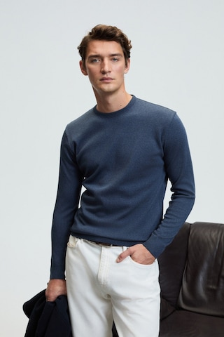 Grimelange VAREX Erkek Yuvarlak Yaka Basic Slim Fit Triko Mavi Kazak
