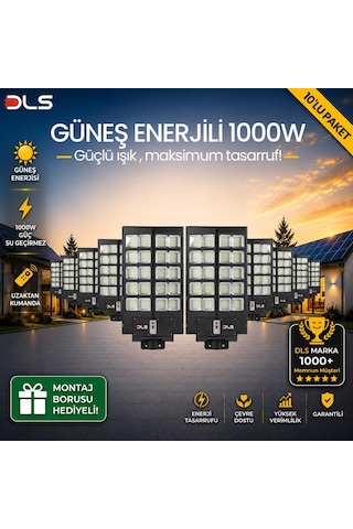 10'lu Paket Dls 1000w Güneş Enerjili Solar Sokak Lambası Hareket Sensörlü Led Bahçe Aydınlatması
