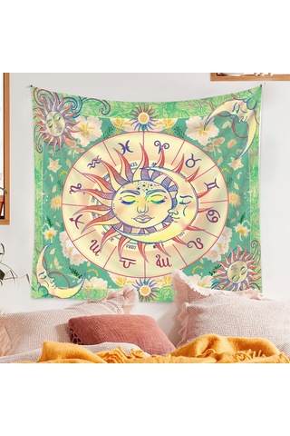 Singree Yeşil Güneş Ve Ay Desenli Poliester Dekoratif Duvar Örtüsü - 73x95 Cm Ev Dekorasyonu Tapestri