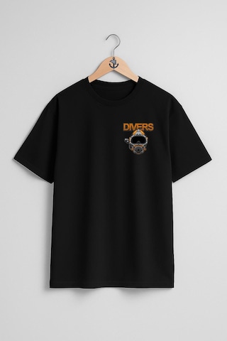 Oversize Divers Dalgıç Başlığı Cep Tasarımlı Unisex T-shirt Siyah
