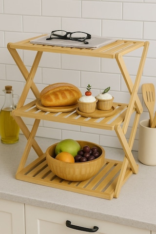 Doğal Bambu Katlanabilir 3 Katlı Raf Çok Amaçlı Mutfak, Banyo Ve Dekoratif Organizer Br-6715 Kahverengi