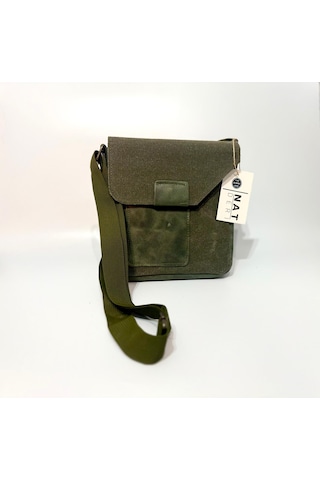 Natderi Hakiki Deri Ve Kanvas Omuz Çantası 20x21 Cm Ayarlanabilir Askılı, Ön Cepli Unisex Günlük Çanta Haki