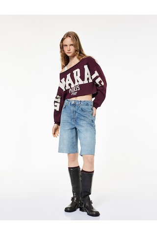 Koton Şardonlu Uzun Kollu Baskılı Kayık Yaka Oversize Crop Sweatshirt Bordo 6wal10574ık Bordo