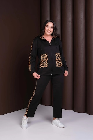 Kapüşonlu Leopar Desenli Alt-üst Takım Siyah