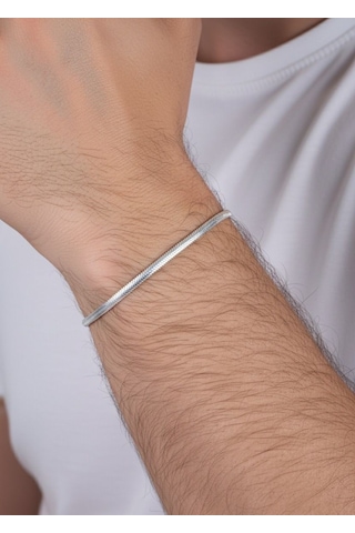 925 Ayar Gümüş Balık Sırtı Ezme İtalyan Model Erkek Zincir Bileklik Barcode Gümüş